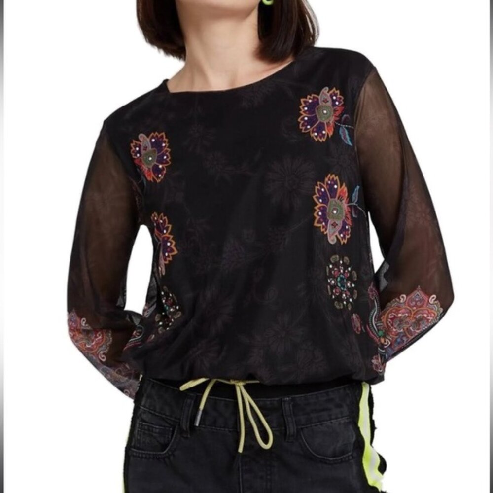 Desigual Women Multicolor Floral Long Sleeve Top Blouse Size Large